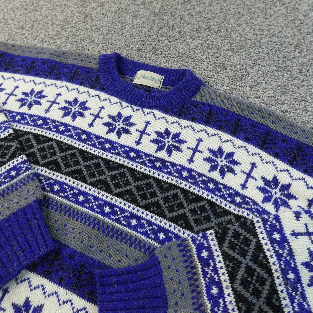 VTG St Johns‎ Bay Sweater Mens L Blue Gray Nordic Fair Isle Pullover Crewneck